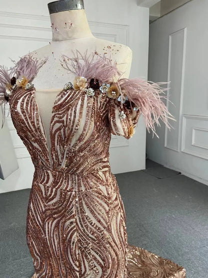 Sparkly Sequin Mermaid Prom Dresses Brown Feather Pageant Gowns 66749-prom dresses 2025 -Viniodress-Rose Gold-US 2-