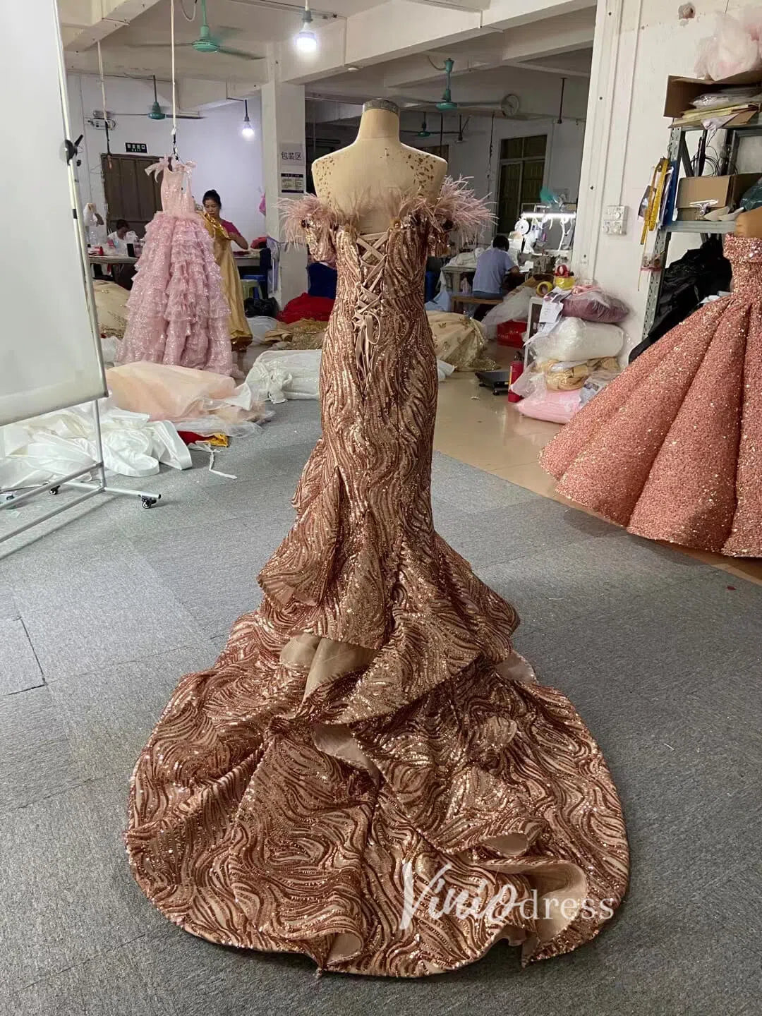 Prom Dress 2025 Sparkly Sequin Mermaid Prom Dresses Brown Feather Pageant Gowns 66749-unique prom dresses-Rose Gold-US 2-Viniodress