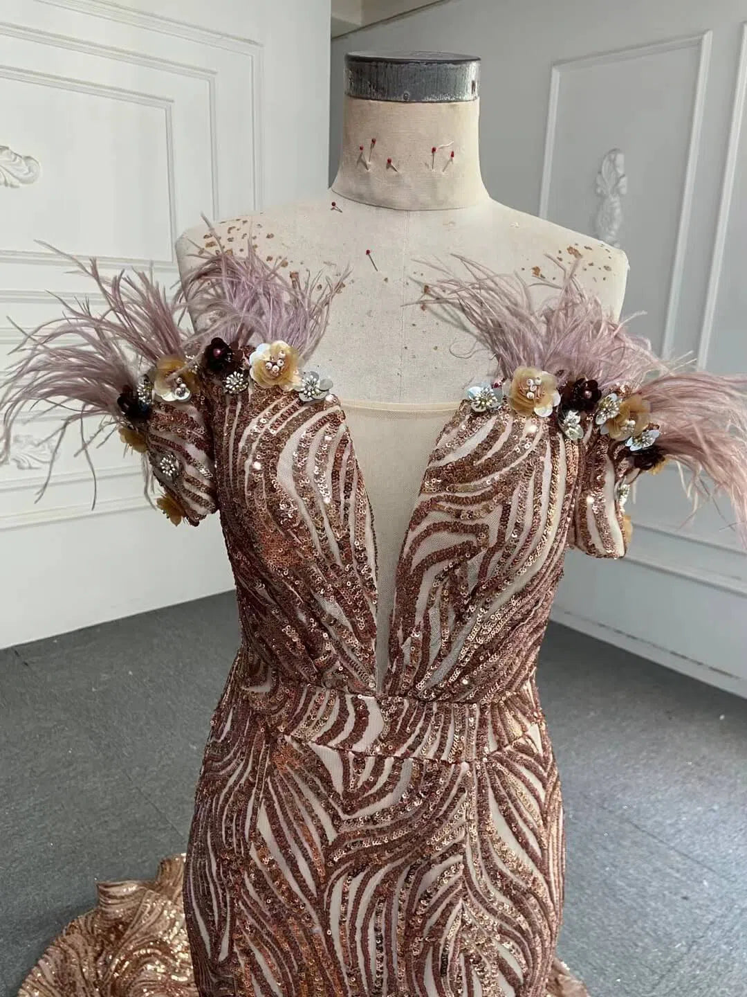 Prom Dress 2025 Sparkly Sequin Mermaid Prom Dresses Brown Feather Pageant Gowns 66749-unique prom dresses-Rose Gold-US 2-Viniodress