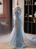 Sparkly Sequin Mermaid Prom Dresses Organza Bow Train Halter Neck 90018