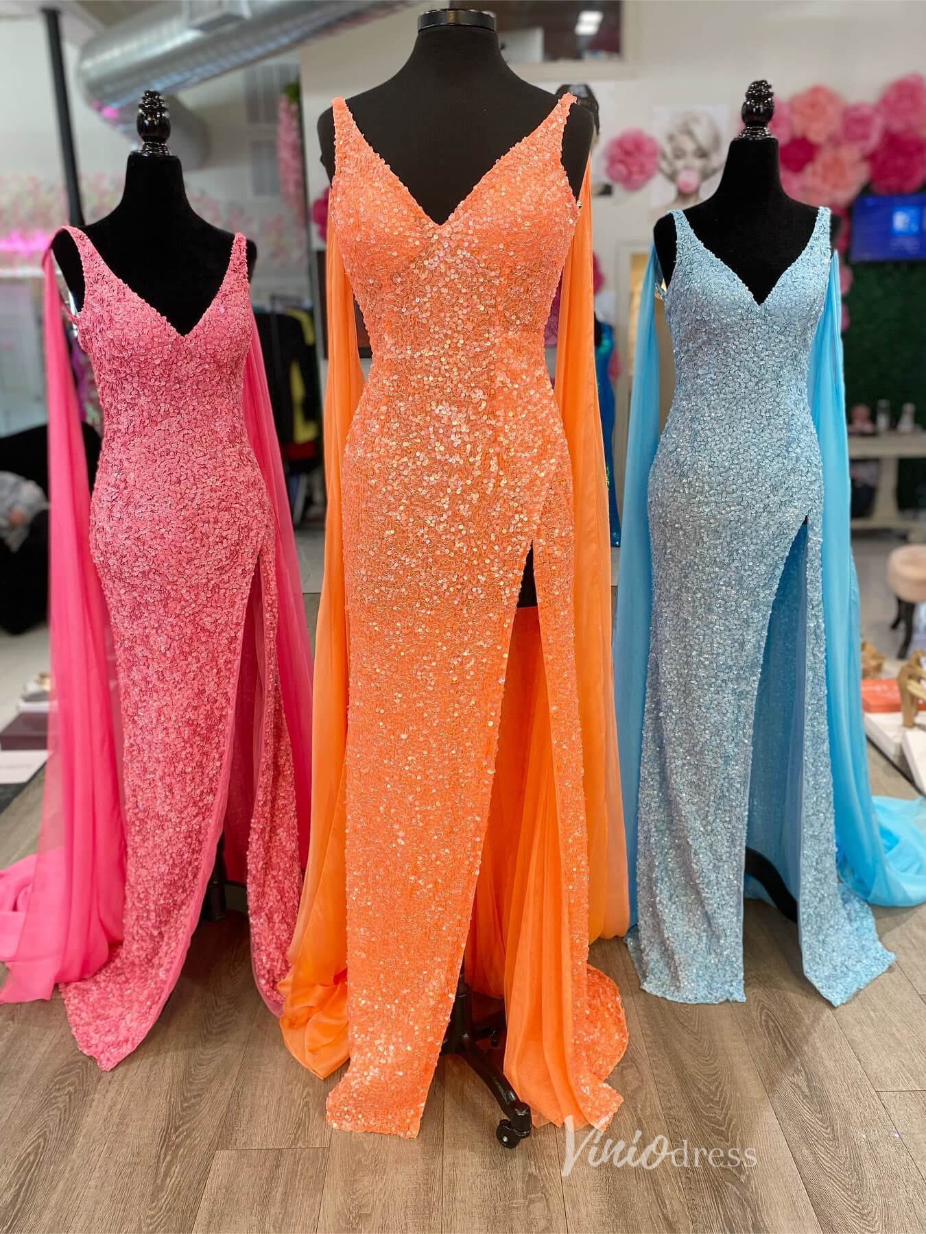 Sparkly Sequin Mermaid Prom Dresses with Slit Removable Cape Sleeve FD3983-prom dresses 2025 -Viniodress-Orange-Custom Size-