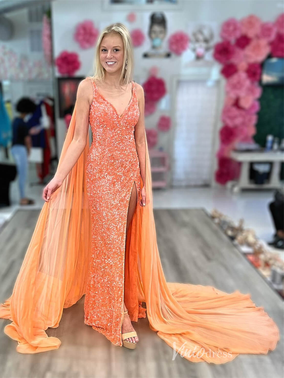 Sparkly Sequin Mermaid Prom Dresses with Slit Removable Cape Sleeve FD3983-prom dresses 2025 -Viniodress-Orange-Custom Size-
