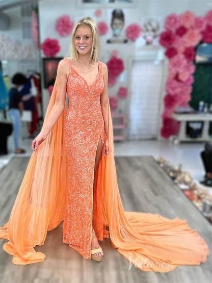 Sparkly Sequin Mermaid Prom Dresses with Slit Removable Cape Sleeve FD3983-prom dresses 2025 -Viniodress-Orange-Custom Size-