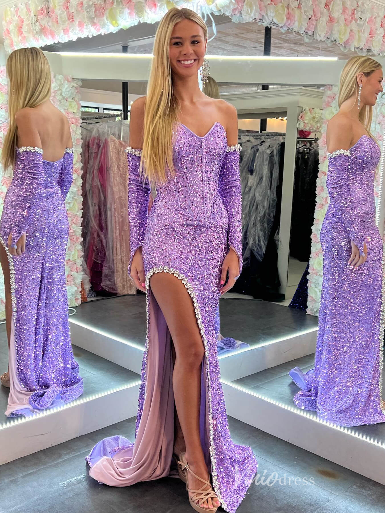 Sparkly Sequin Mermaid Prom Dresses with Slit Strapless Removable Long Sleeve FD4031 - Viniodressprom dressesLavenderCustom Size - Formal Dresses - Ball Gowns