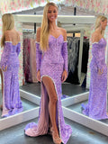 Sparkly Sequin Mermaid Prom Dresses with Slit Strapless Removable Long Sleeve FD4031