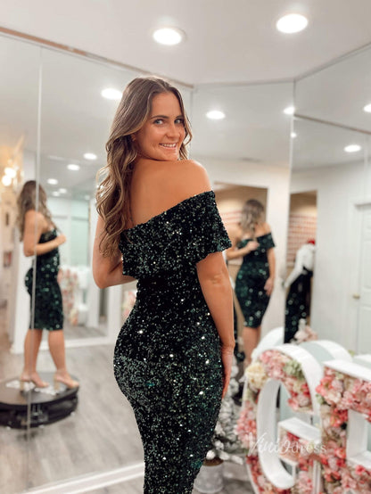 Sparkly Sequin Off the Shoulder Short Prom Dresses Bodycon Dress FD4042-prom dresses 2025 -Viniodress-Burgundy-Custom Size-