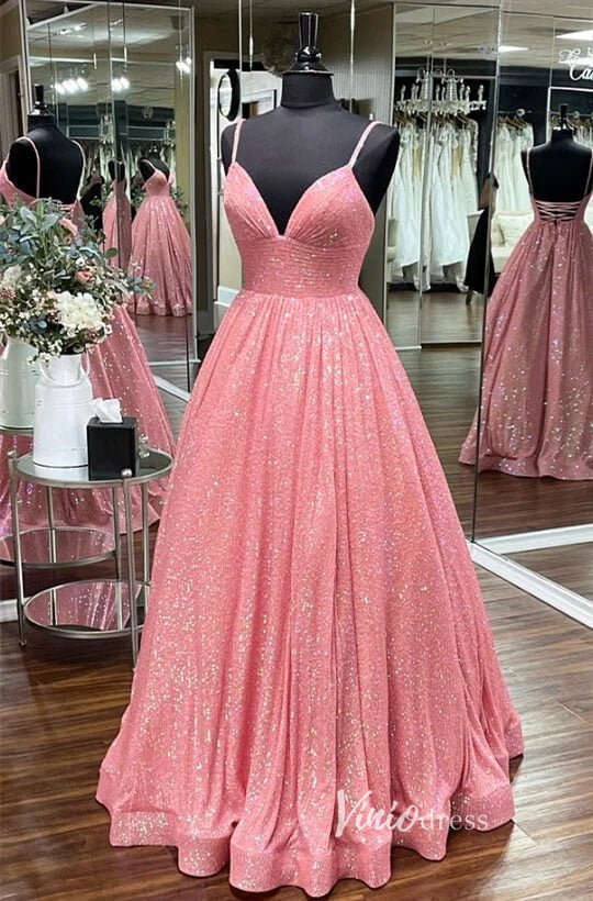 Sparkly Sequin Prom Dresses Spaghetti Strap Evening Gown FD2955-prom dresses 2025 -Viniodress-Hot Pink-Custom Size-