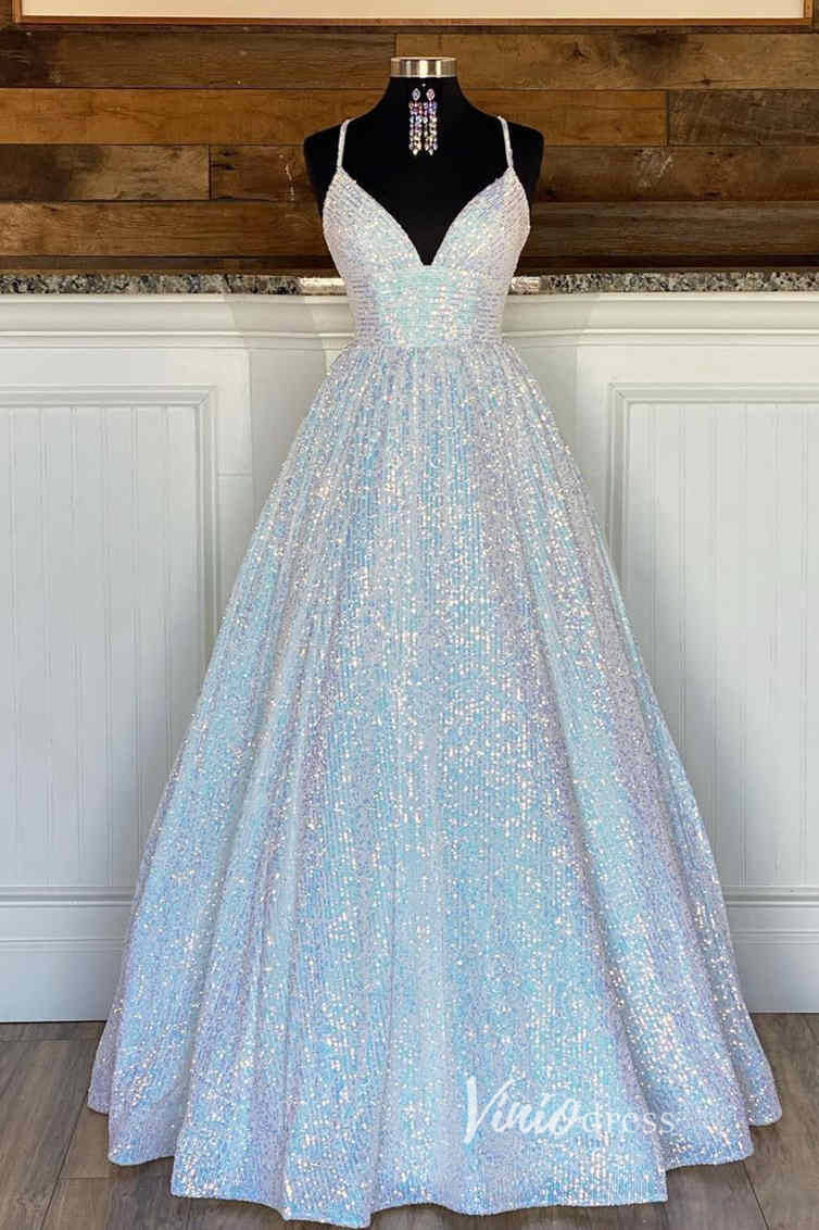 Sparkly Sequin Prom Dresses Spaghetti Strap Evening Gown FD2955-prom dresses 2025 -Viniodress-Hot Pink-Custom Size-