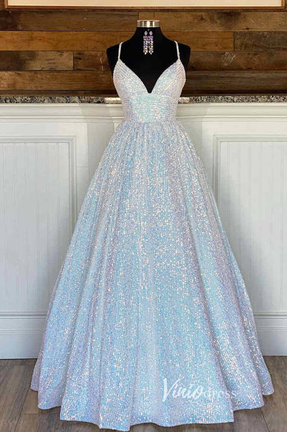 Sparkly Sequin Prom Dresses Spaghetti Strap Evening Gown FD2955-prom dresses 2025 -Viniodress-Hot Pink-Custom Size-