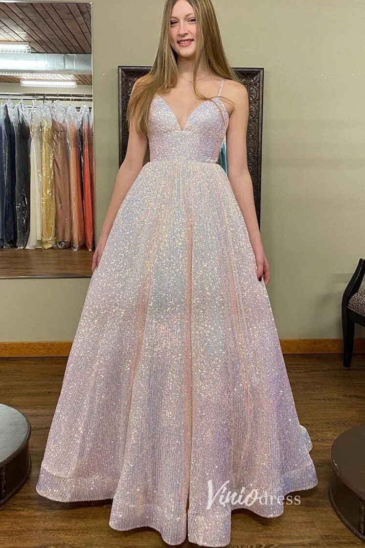 Sparkly Sequin Prom Dresses Spaghetti Strap Evening Gown FD2955-prom dresses 2025 -Viniodress-Hot Pink-Custom Size-