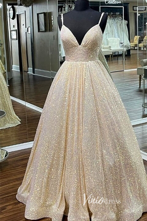 Sparkly Sequin Prom Dresses Spaghetti Strap Evening Gown FD2955-prom dresses 2025 -Viniodress-Hot Pink-Custom Size-