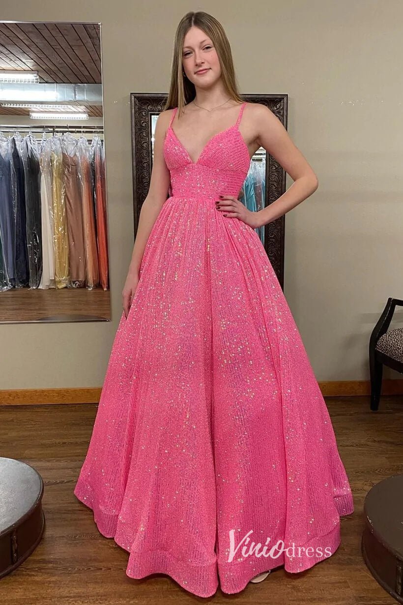 Sparkly Sequin Prom Dresses Spaghetti Strap Evening Gown FD2955-prom dresses 2025 -Viniodress-Hot Pink-Custom Size-