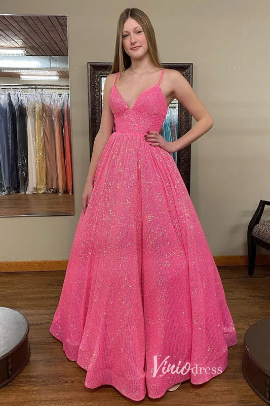 Sparkly Sequin Prom Dresses Spaghetti Strap Evening Gown FD2955-prom dresses 2025 -Viniodress-Hot Pink-Custom Size-