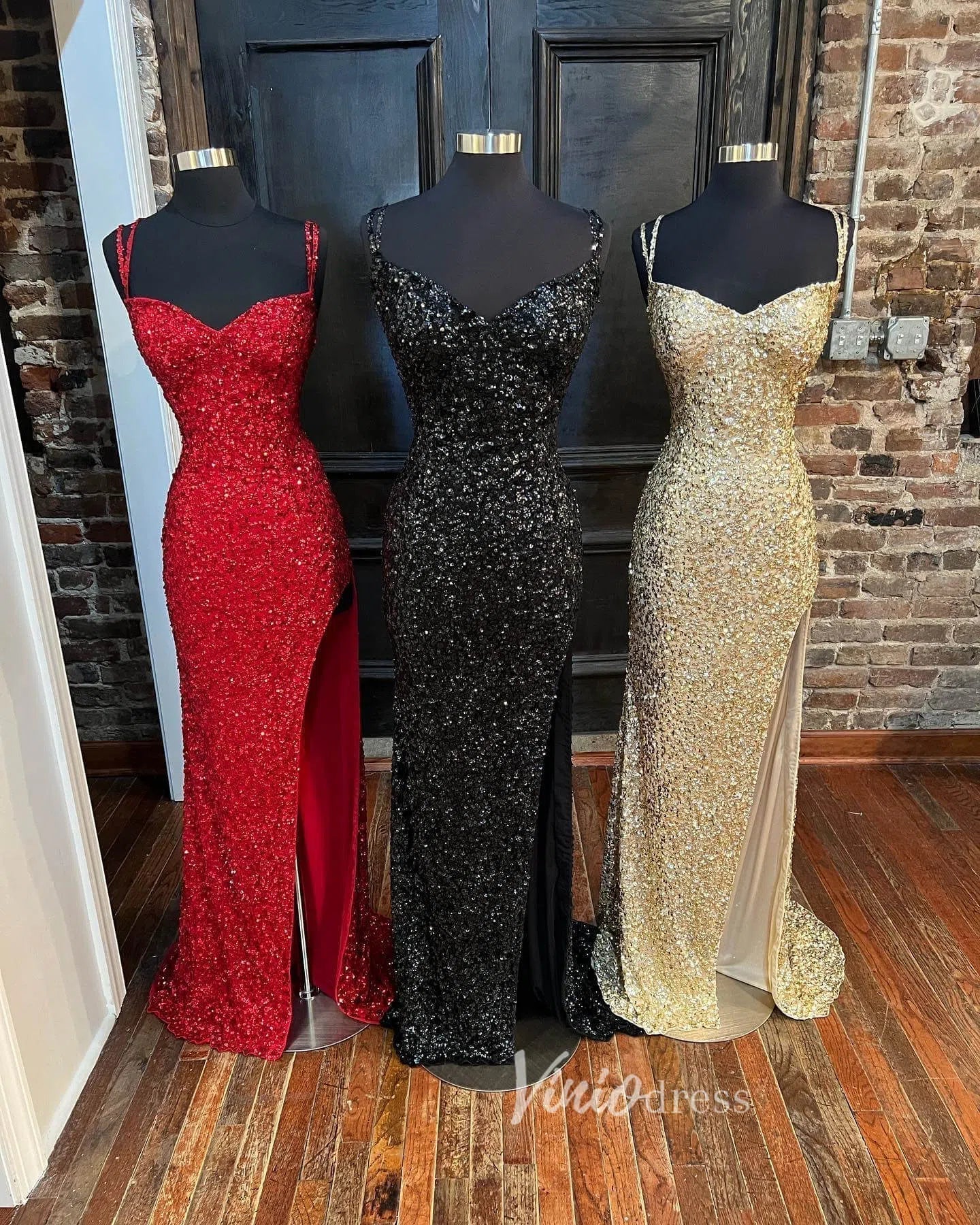 Sparkly Sequin Prom Dresses With Slit Mermaid Spaghetti Strap Evening Dress FD3127-prom dresses 2025 -Viniodress-Red-Custom Size-