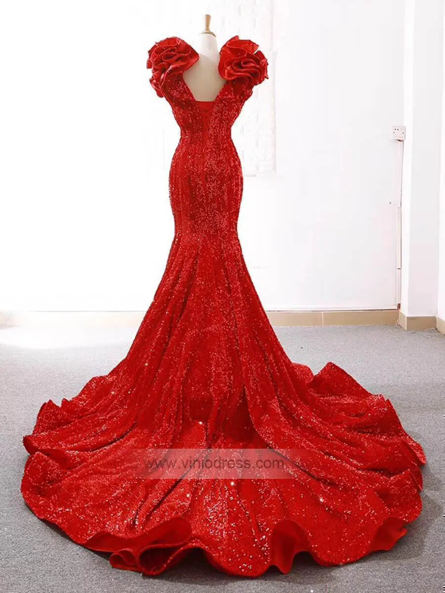 Prom Dress 2025 Sparkly Sequin Ruffle Shoulder Mermaid Wedding Dresses Vintage Pageant Dress FD1209-unique prom dresses-Red-Custom Size-Viniodress