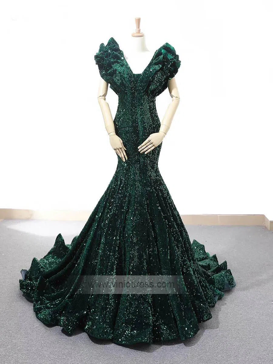 Sparkly Sequin Ruffle Shoulder Mermaid Wedding Dresses Vintage Pageant Dress FD1209-prom dresses-Viniodress-Emerald Green-Custom Size-Viniodress