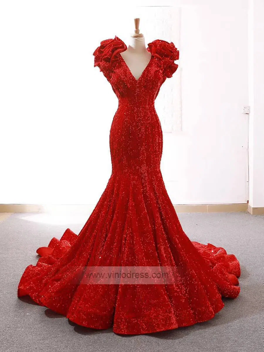 Sparkly Sequin Ruffle Shoulder Mermaid Wedding Dresses Vintage Pageant Dress FD1209-prom dresses-Viniodress-Red-Custom Size-Viniodress