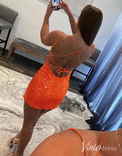 Sparkly Sequin Spaghetti Strap Homecoming Dresses Sexy Fitted Bodycon Dress SD1666-Homecoming Dresses 2025 -Viniodress-Orange-Custom Size-