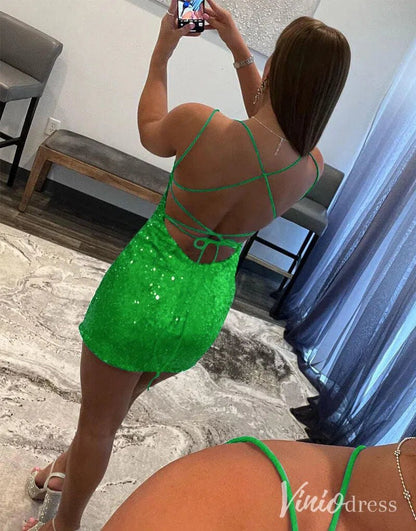 Sparkly Sequin Spaghetti Strap Homecoming Dresses Sexy Fitted Bodycon Dress SD1666-Homecoming Dresses 2025 -Viniodress-Orange-Custom Size-