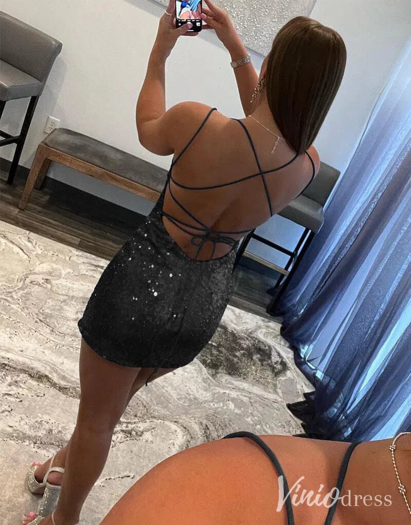 Sparkly Sequin Spaghetti Strap Homecoming Dresses Sexy Fitted Bodycon Dress SD1666-Homecoming Dresses 2025 -Viniodress-Orange-Custom Size-