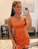 Short Prom Dresses 2025 Sparkly Sequin Spaghetti Strap Cheap Homecoming Dresses Sexy Fitted Bodycon Dress SD1666-Homecoming Dresses-Viniodress-Orange-Custom Size-Viniodress