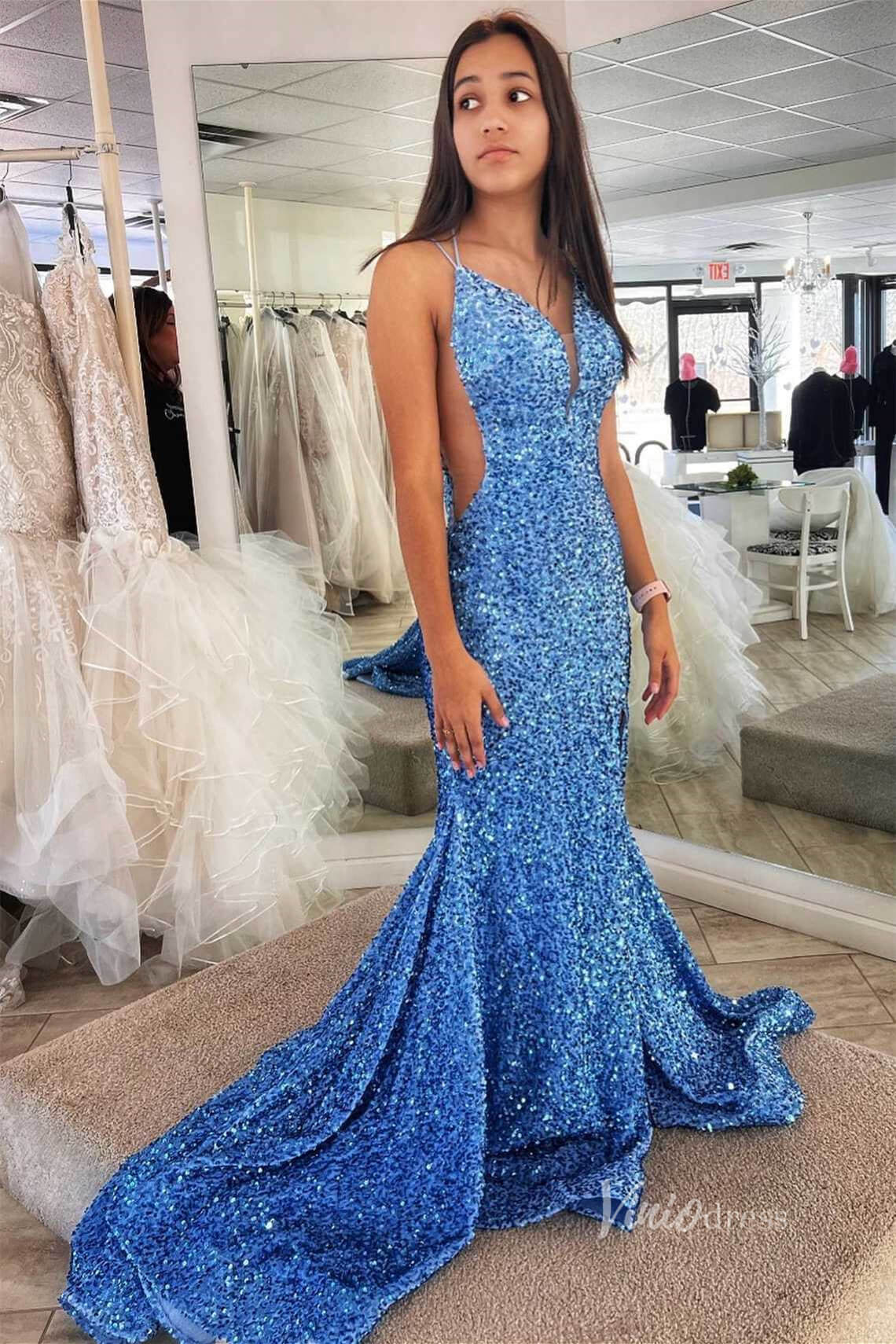 Sparkly Sequin Spaghetti Strap Prom Dresses with Slit Mermaid Plunging V - Neck FD4044 - Viniodressprom dressesBlueCustom Size - Formal Dresses - Ball Gowns