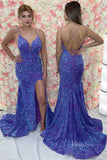 Sparkly Sequin Spaghetti Strap Prom Dresses with Slit Mermaid Plunging V-Neck FD4044