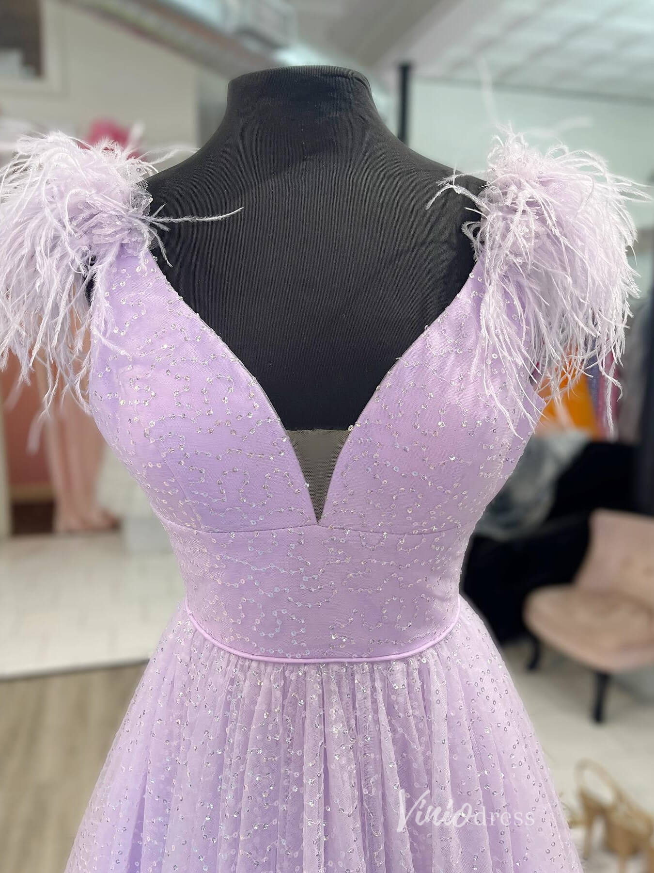 Sparkly Sequin Tulle Prom Dresses Feather Shoulder V-Neck FD4013-prom dresses 2025 -Viniodress-Lavender-Custom Size-