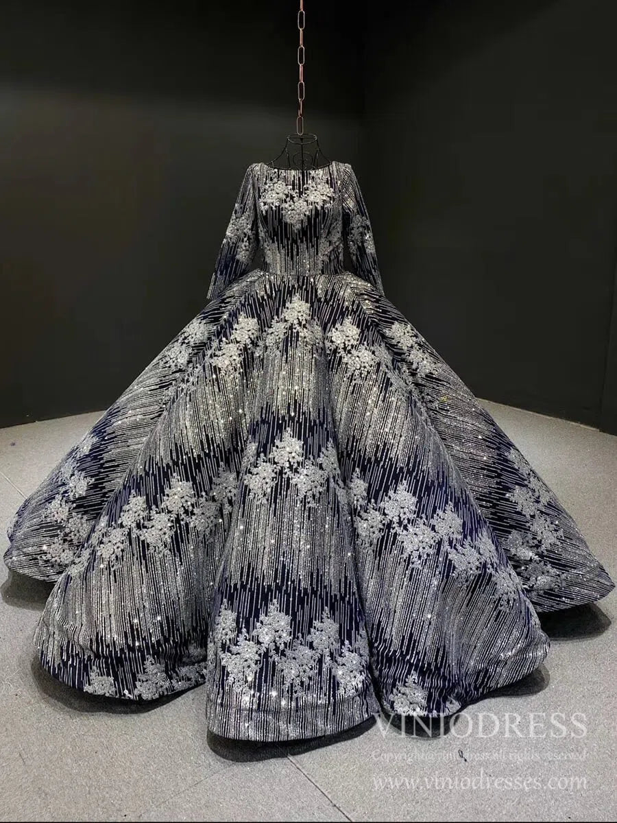 Sparkly Silver Blue Ball Gown Prom Dresses Princess Quince Dress FD1987 viniodress-prom dresses 2025 -Viniodress-Long Sleeve-Blue-Custom Size