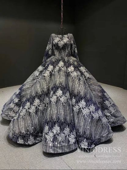 Sparkly Silver Blue Ball Gown Prom Dresses Princess Quince Dress FD1987 viniodress-prom dresses 2025 -Viniodress-Long Sleeve-Blue-Custom Size