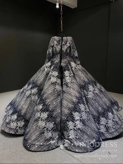 Sparkly Silver Blue Ball Gown Prom Dresses Princess Quince Dress FD1987 viniodress-prom dresses 2025 -Viniodress-One Shoulder-Blue-Custom Size