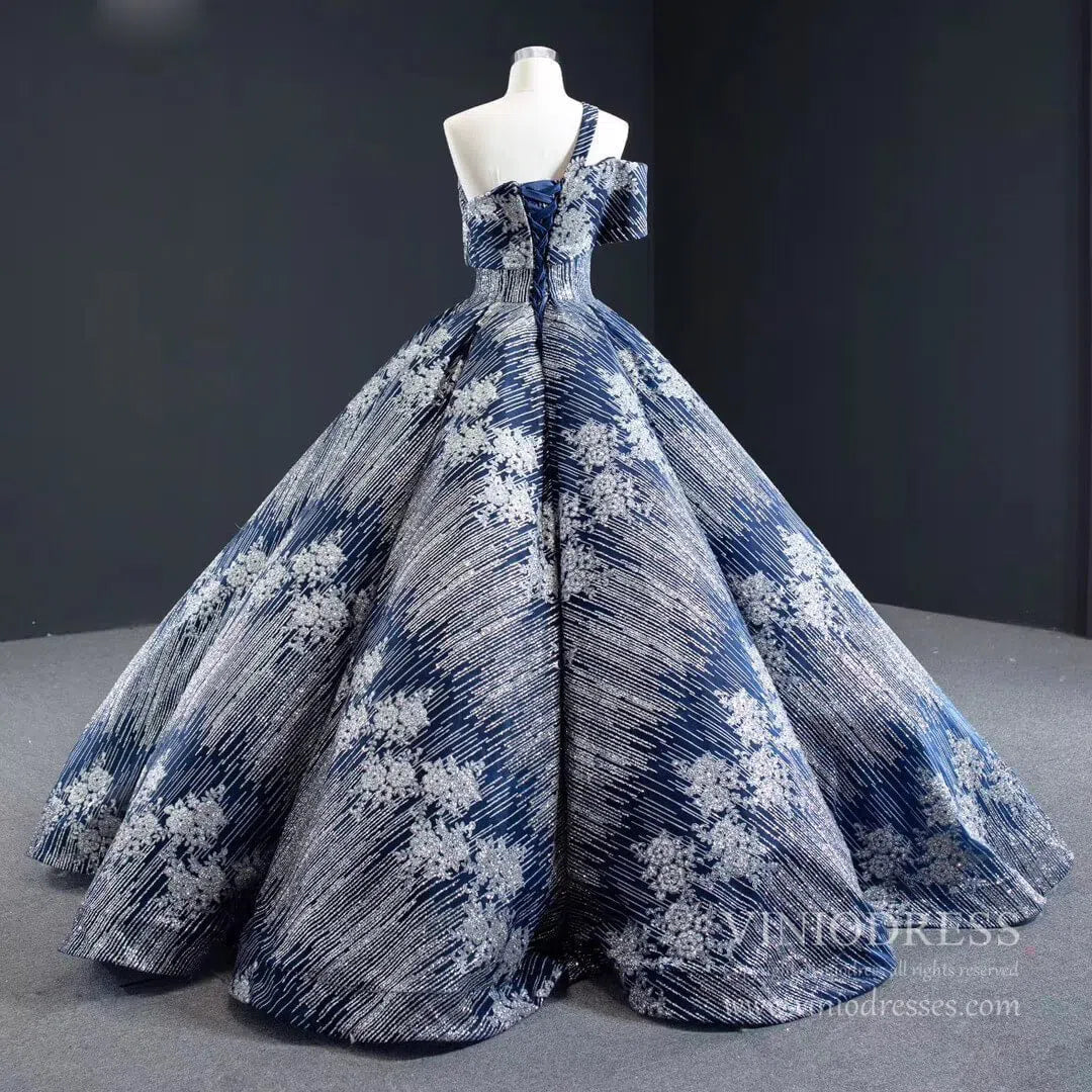 Sparkly Silver Blue Ball Gown Prom Dresses Princess Quince Dress FD1987 viniodress-prom dresses 2025 -Viniodress-One Shoulder-Blue-Custom Size