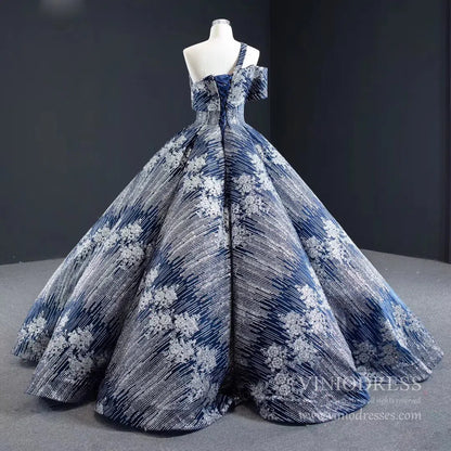 Sparkly Silver Blue Ball Gown Prom Dresses Princess Quince Dress FD1987 viniodress-prom dresses 2025 -Viniodress-One Shoulder-Blue-Custom Size