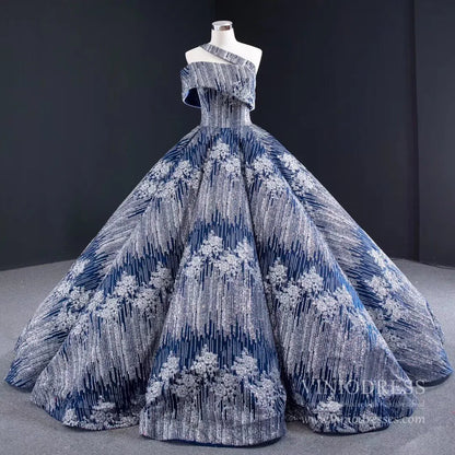 Sparkly Silver Blue Ball Gown Prom Dresses Princess Quince Dress FD1987 viniodress-prom dresses 2025 -Viniodress-One Shoulder-Blue-Custom Size