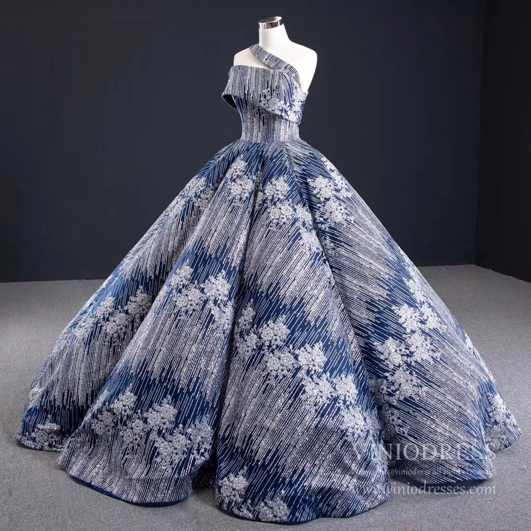 Sparkly Silver Blue Ball Gown Prom Dresses Princess Quince Dress FD1987 viniodress-prom dresses 2025 -Viniodress-One Shoulder-Blue-Custom Size
