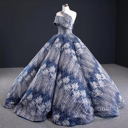 Sparkly Silver Blue Ball Gown Prom Dresses Princess Quince Dress FD1987 viniodress-prom dresses 2025 -Viniodress-One Shoulder-Blue-Custom Size