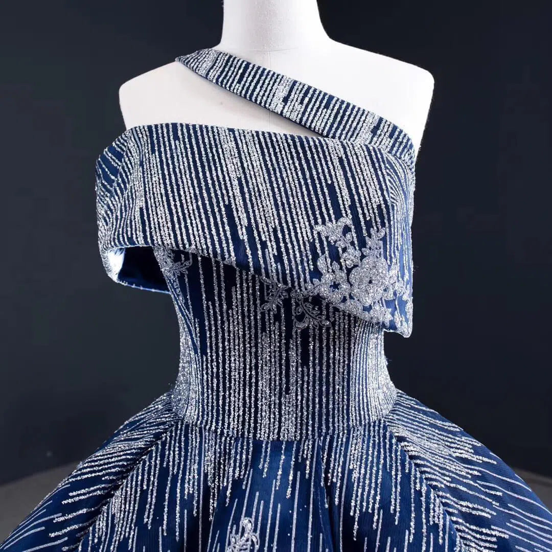 Sparkly Silver Blue Ball Gown Prom Dresses Princess Quince Dress FD1987 viniodress-prom dresses 2025 -Viniodress-One Shoulder-Blue-Custom Size