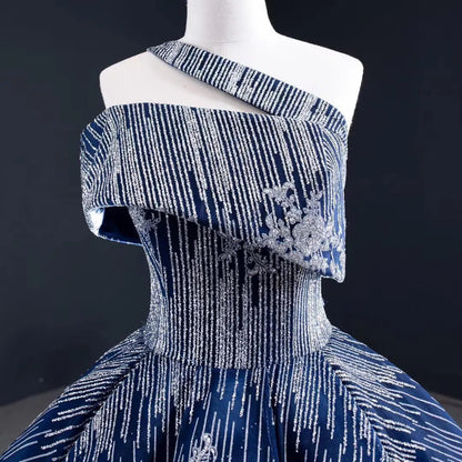 Sparkly Silver Blue Ball Gown Prom Dresses Princess Quince Dress FD1987 viniodress-prom dresses 2025 -Viniodress-One Shoulder-Blue-Custom Size