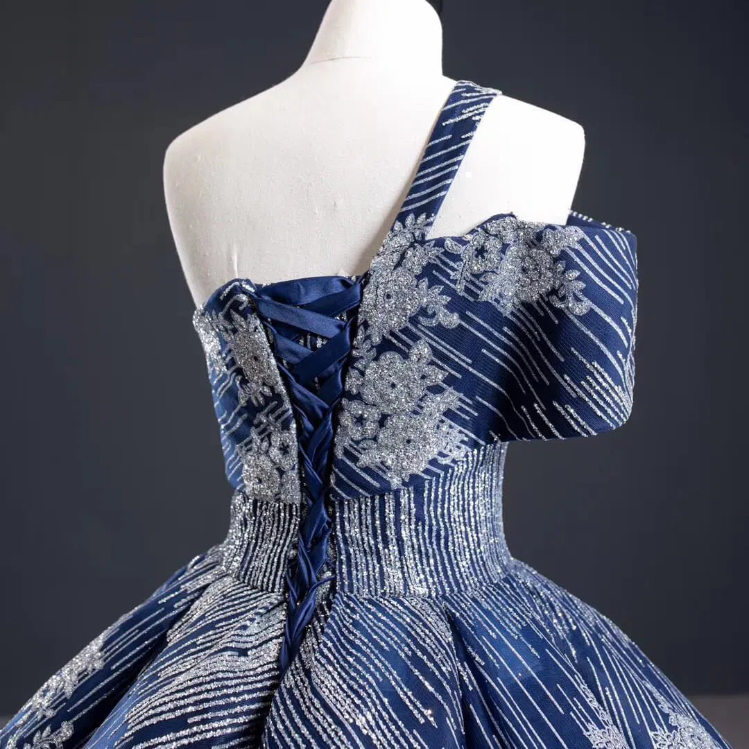 Sparkly Silver Blue Ball Gown Prom Dresses Princess Quince Dress FD1987 viniodress-prom dresses 2025 -Viniodress-One Shoulder-Blue-Custom Size