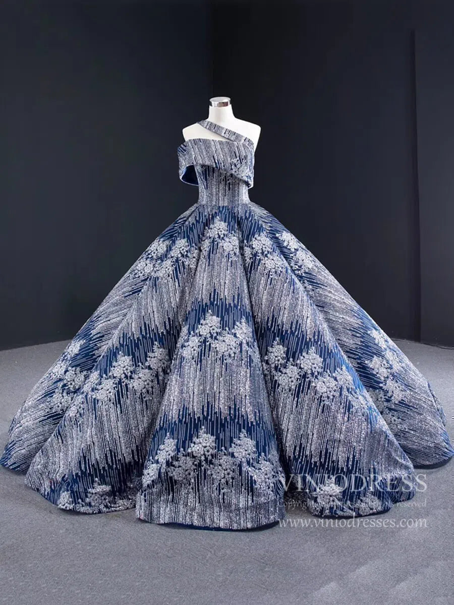 Sparkly Silver Blue Ball Gown Prom Dresses Princess Quince Dress FD1987 viniodress-prom dresses 2025 -Viniodress-One Shoulder-Blue-Custom Size