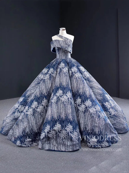 Sparkly Silver Blue Ball Gown Prom Dresses Princess Quince Dress FD1987 viniodress-prom dresses 2025 -Viniodress-One Shoulder-Blue-Custom Size