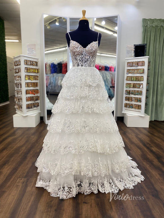 Sparkly Tiered Ruffle Prom Dresses 2024 Spaghetti Strap V-neck Ball Gowns FD3635B-prom dresses 2025 -Viniodress-Ivory-Custom Size-