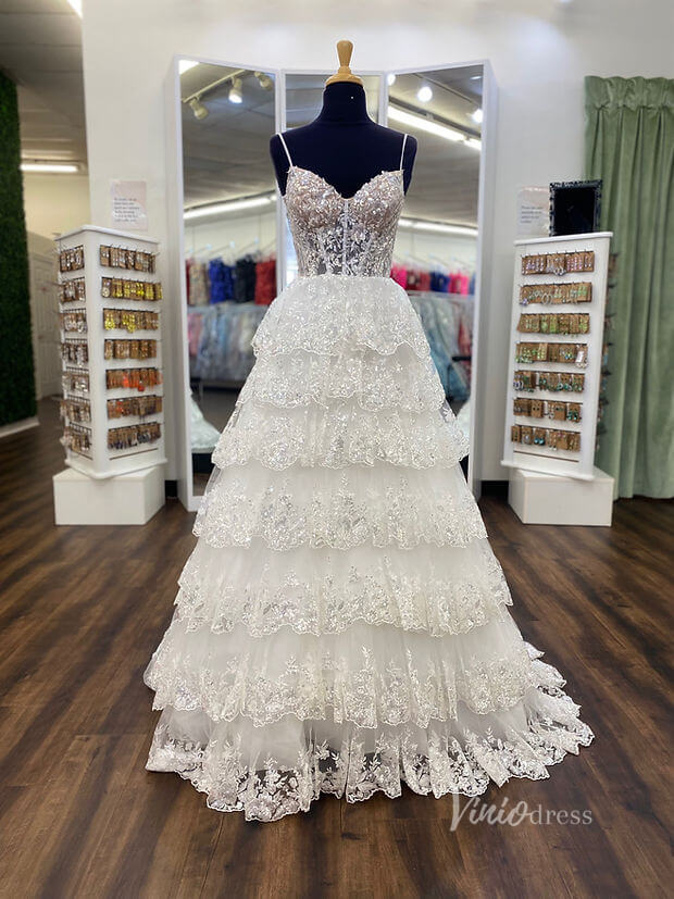 Sparkly Tiered Ruffle Prom Dresses 2024 Spaghetti Strap V-neck Ball Gowns FD3635B-prom dresses 2025 -Viniodress-Ivory-Custom Size-