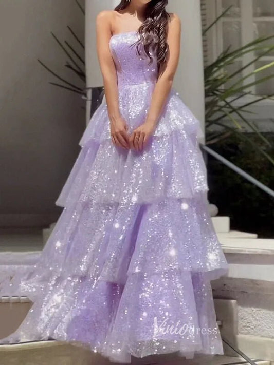 Sparkly Tiered Ruffle Prom Dresses Strapless Sequin Ball Gown FD3574-prom dresses 2025 -Viniodress-Lavender-Custom Size-