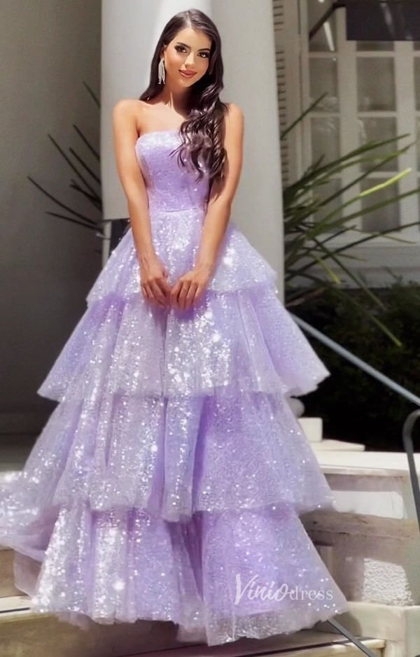 Sparkly Tiered Ruffle Prom Dresses Strapless Sequin Ball Gown FD3574 - Viniodressprom dressesLavenderCustom Size - Formal Dresses - Ball Gowns