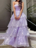 Sparkly Tiered Ruffle Prom Dresses Strapless Sequin Ball Gown FD3574