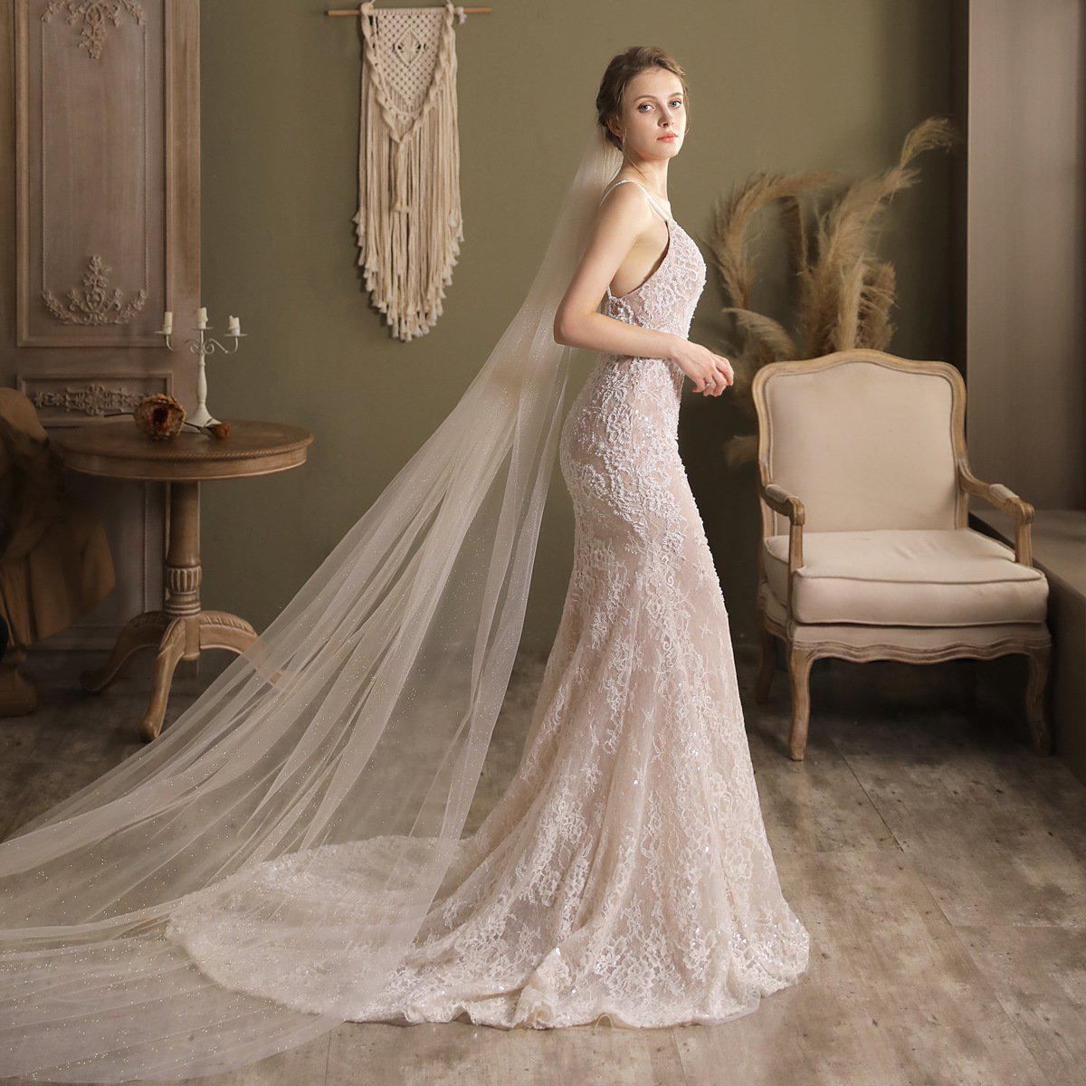 Sparkly Tulle Bridal Veil Cathedral Length-Bridal Veil 2025 -Viniodress-Ivory-