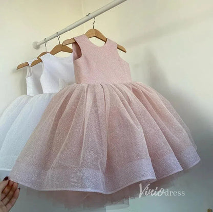 Sparkly Tulle Flower Girl Dress with Bow GL1118 Mid Length-flower girl dresses 2025 -Viniodress-Blush Pink-Custom Size-