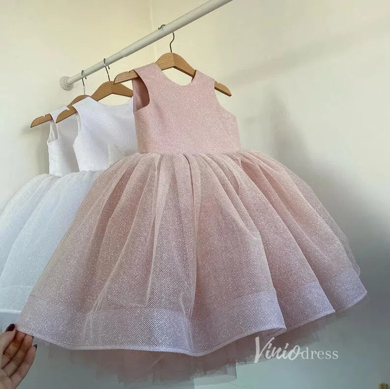 Sparkly Tulle Flower Girl Dress with Bow GL1118 Mid Length-flower girl dresses-Viniodress-Blush Pink-Custom Size-Viniodress