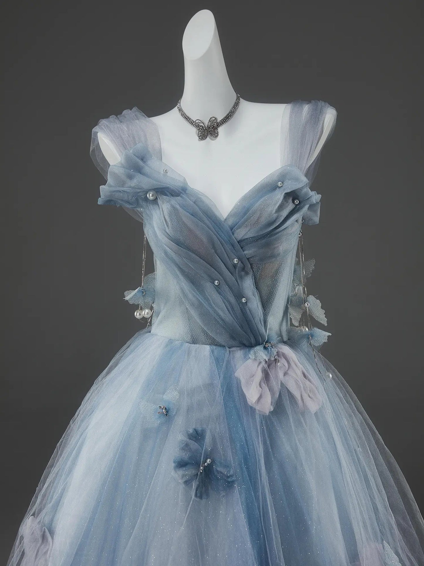 Sparkly Tulle Formal Gown with Bow, Pearl, Butterfly & Sweetheart Neckline - CQ0147-Couture Gown 2025 -Viniodress-Blue-Custom Size-